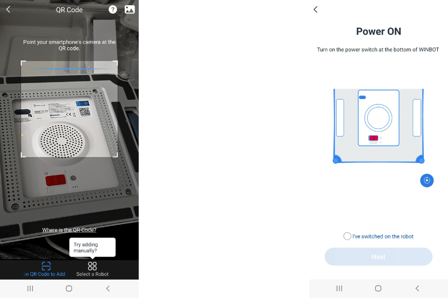 QR-Code des Ecovacs WINBOT W1 PRO wird abgescannt.